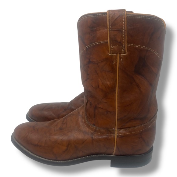 Justin Roper Style Brown Leather Western Cowboy Boots Mens Pull On - Picture 1 of 13